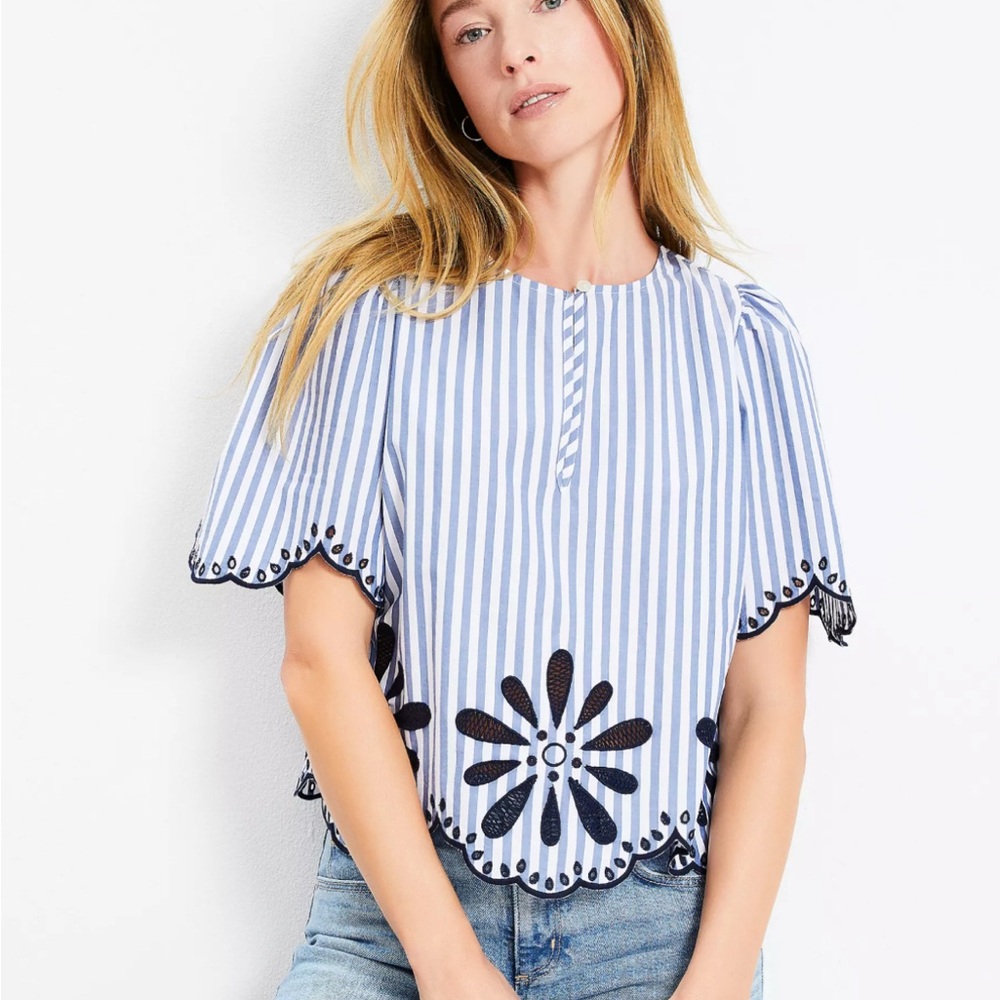 LOFT Blue and White Puff Sleeve Embellished Blouse